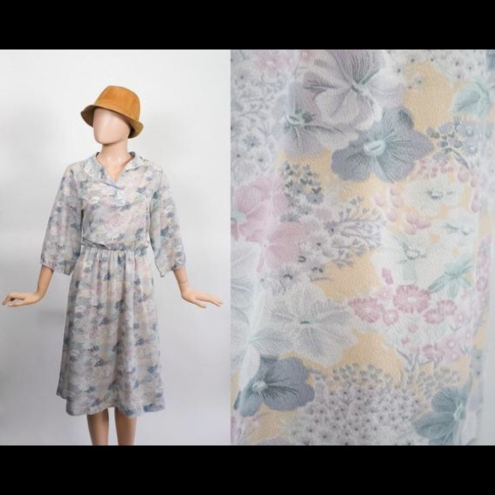Vintage Pastel Floral Midi Dress Sheer Spring